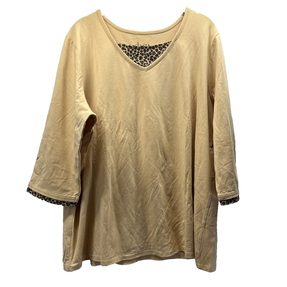 Denim & Co Women's Top Size 1X Plus Beige Animal Print Trim 3/4 Sleeve Pullover
